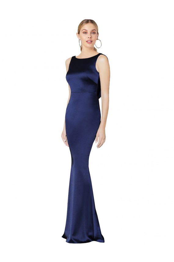 Fournisseurs de Bleu marine foncé Fourreau Licou Col Haut Satiné Stretch Longue Formelles Robes demoiselle d'honneur / Robes de soirée / Robes de bal
