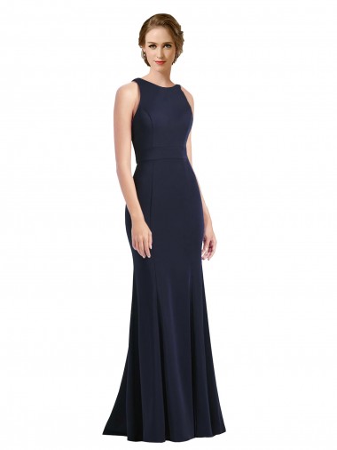 Fournisseurs de Bleu marine foncé Fourreau Scoop Col Haut Crêpe Stretch Longue Robes demoiselle d'honneur / Robes de bal