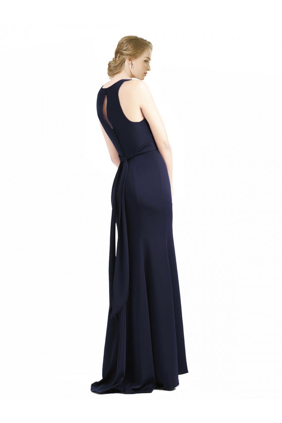 Fournisseurs de Bleu marine foncé Fourreau Scoop Col Haut Crêpe Stretch Longue Robes demoiselle d'honneur / Robes de bal