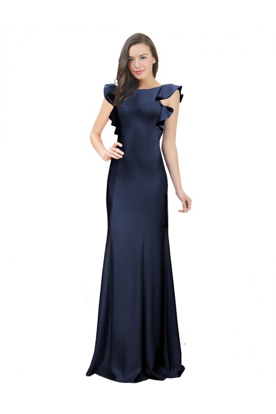 Fournisseurs de Bleu marine foncé Sirène Bateau Crêpe Stretch Longue Robes demoiselle d'honneur / Robes de bal