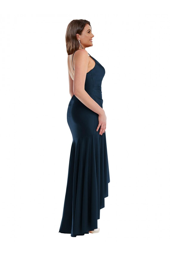 Fournisseurs de Bleu marine foncé Sirène Bretelles spaghetti Satiné Soyeux Longue Asymétrique Formelles Robes demoiselle d'honneur / Robes de soirée / Robes de bal