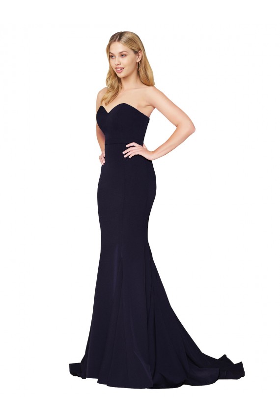 Fournisseurs de Bleu marine foncé Sirène Col Haut Balayage train Crêpe Stretch Longue Formelles Robes demoiselle d'honneur / Robes de soirée / Robes de bal