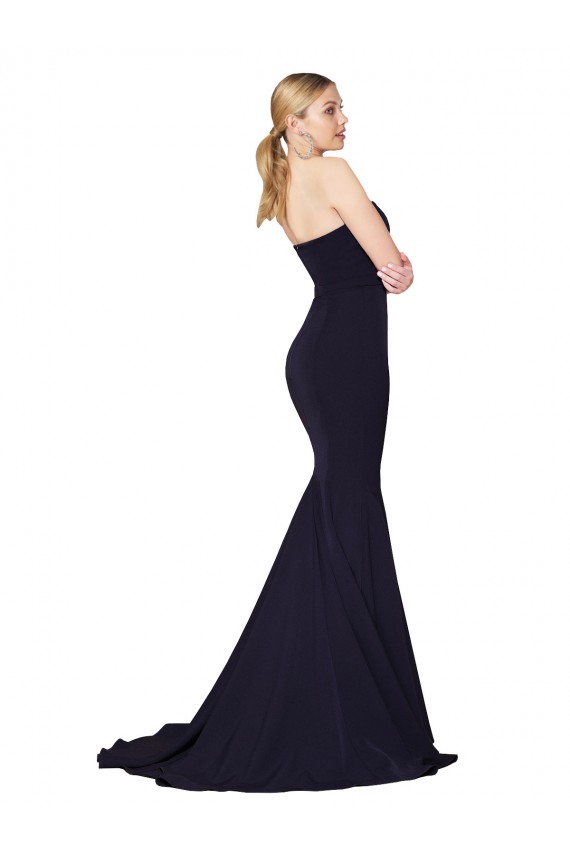 Fournisseurs de Bleu marine foncé Sirène Col Haut Balayage train Crêpe Stretch Longue Formelles Robes demoiselle d'honneur / Robes de soirée / Robes de bal