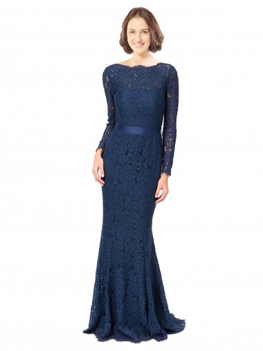 Fournisseurs de Bleu marine foncé Sirène Col bijou Balayage train Dentelle Longue Robes demoiselle d'honneur
