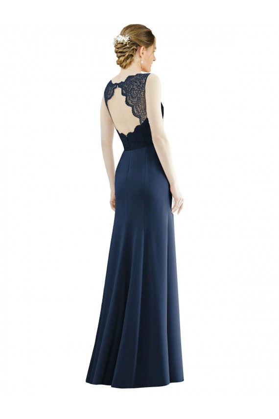 Fournisseurs de Bleu marine foncé Sirène Illusion Mousseline Dentelle Longue Robes demoiselle d'honneur