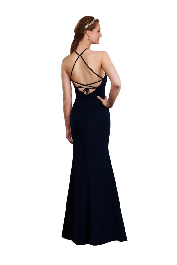 Fournisseurs de Bleu marine foncé Sirène Licou Mousseline Longue Robes demoiselle d'honneur