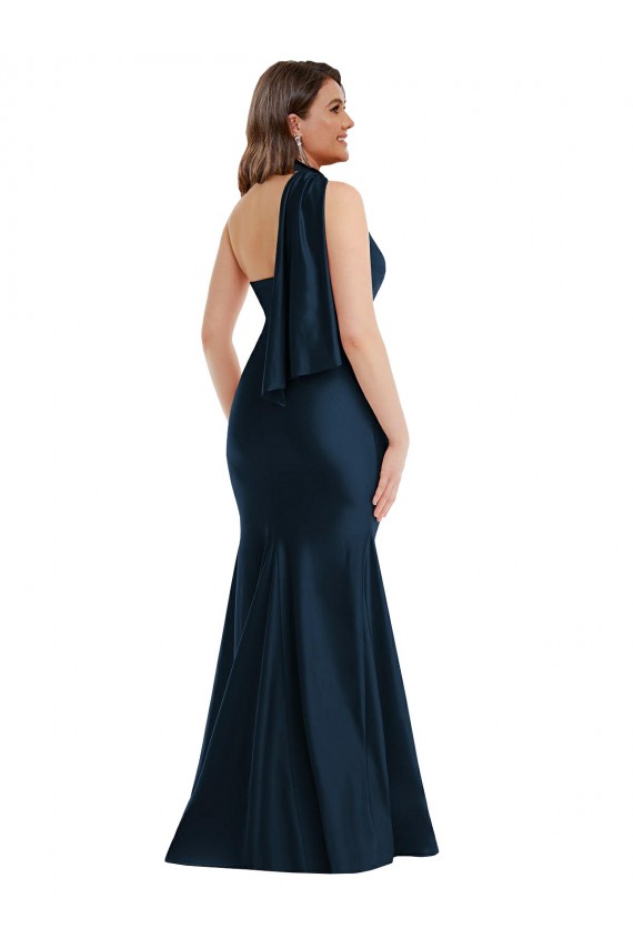 Fournisseurs de Bleu marine foncé Sirène Licou Satiné Soyeux Longue Formelles Robes demoiselle d'honneur / Robes de soirée / Robes de bal