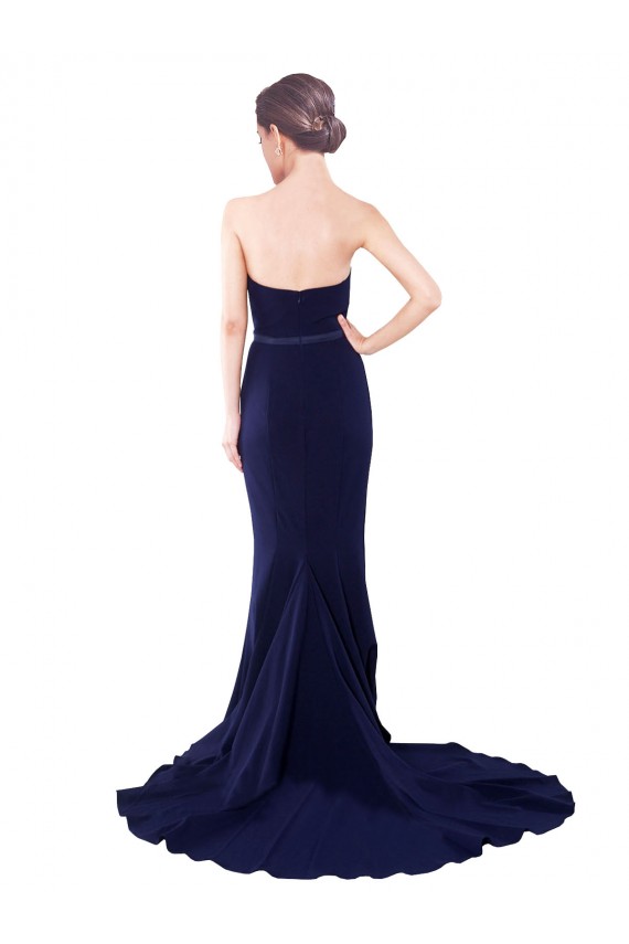 Fournisseurs de Bleu marine foncé Sirène Sans bretelle Balayage train Crêpe Stretch Longue Robes demoiselle d'honneur / Robes de bal
