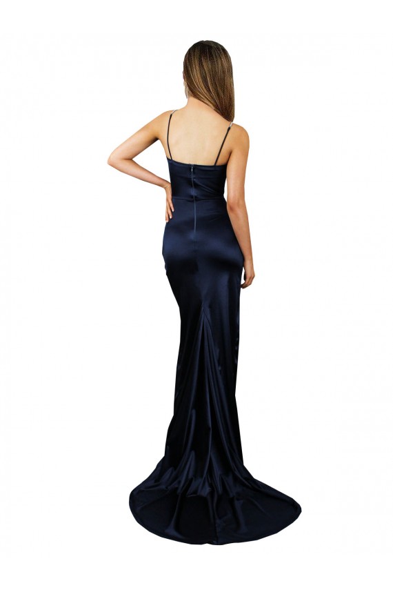 Fournisseurs de Bleu marine foncé Sirène Satiné Stretch Longue Formelles Robes demoiselle d'honneur / Robes de soirée / Robes de bal