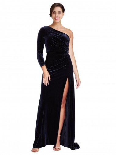 Fournisseurs de Bleu marine foncé Trapèze Balayage train Velours Stretch Longue Formelles Robes demoiselle d'honneur / Robes de soirée / Robes de bal