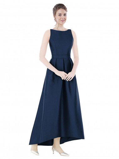 Fournisseurs de Bleu marine foncé Trapèze Bateau Satiné Longue Asymétrique Robes demoiselle d'honneur