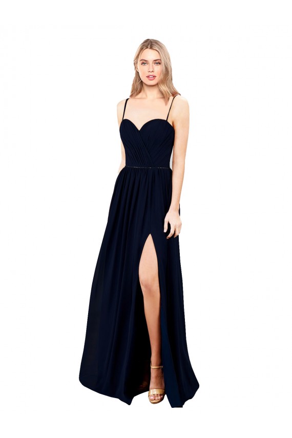 Fournisseurs de Bleu marine foncé Trapèze Bretelles spaghetti Mousseline Longue Formelles Robes demoiselle d'honneur / Robes de soirée