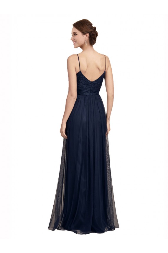 Fournisseurs de Bleu marine foncé Trapèze Bretelles spaghetti Tulle Dentelle Longue Robes demoiselle d'honneur