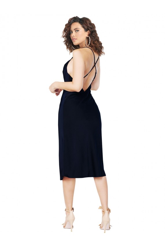 Fournisseurs de Bleu marine foncé Trapèze Bretelles spaghetti midi Satiné Soyeux Courte Robes demoiselle d'honneur / Robes de soirée / Robes de cocktail