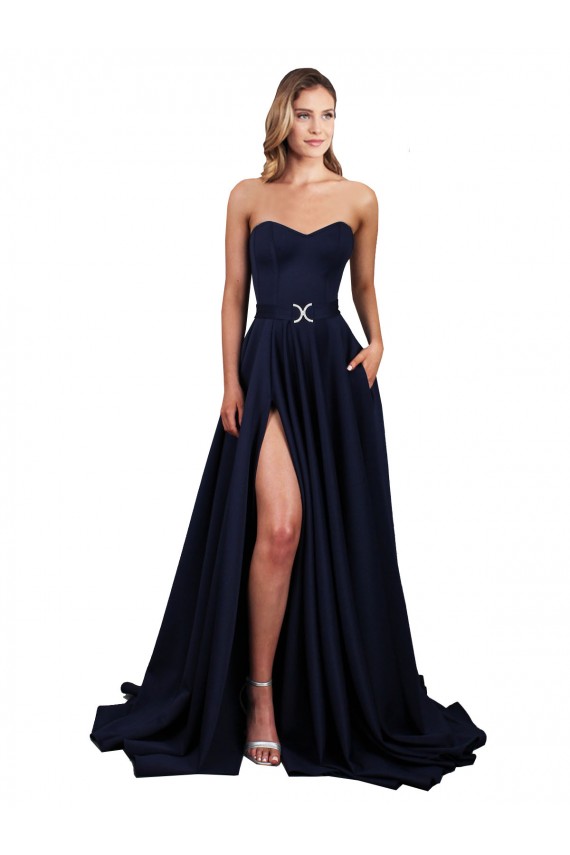 Fournisseurs de Bleu marine foncé Trapèze Col Haut Crêpe Stretch Longue Formelles Robes demoiselle d'honneur / Robes de soirée / Robes de bal