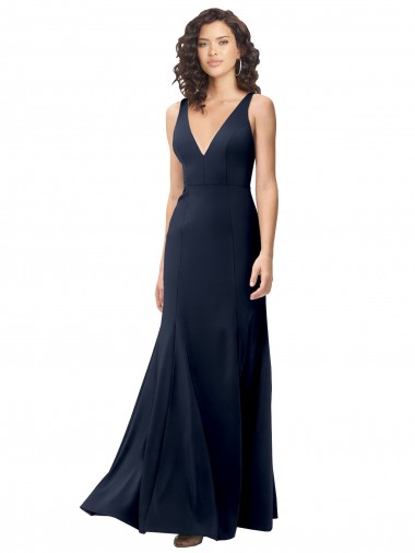 Fournisseurs de Bleu marine foncé Trapèze Col V Crêpe Stretch Longue Formelles Robes demoiselle d'honneur / Robes de soirée / Robes de bal