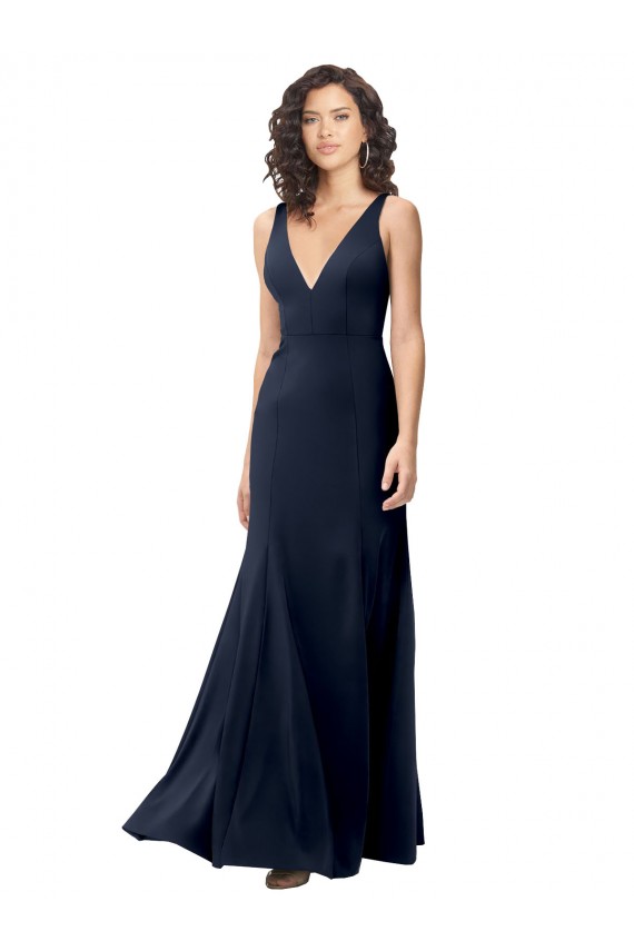 Fournisseurs de Bleu marine foncé Trapèze Col V Crêpe Stretch Longue Formelles Robes demoiselle d'honneur / Robes de soirée / Robes de bal