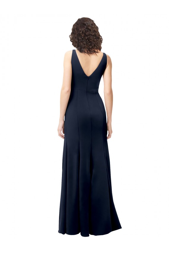 Fournisseurs de Bleu marine foncé Trapèze Col V Crêpe Stretch Longue Formelles Robes demoiselle d'honneur / Robes de soirée / Robes de bal