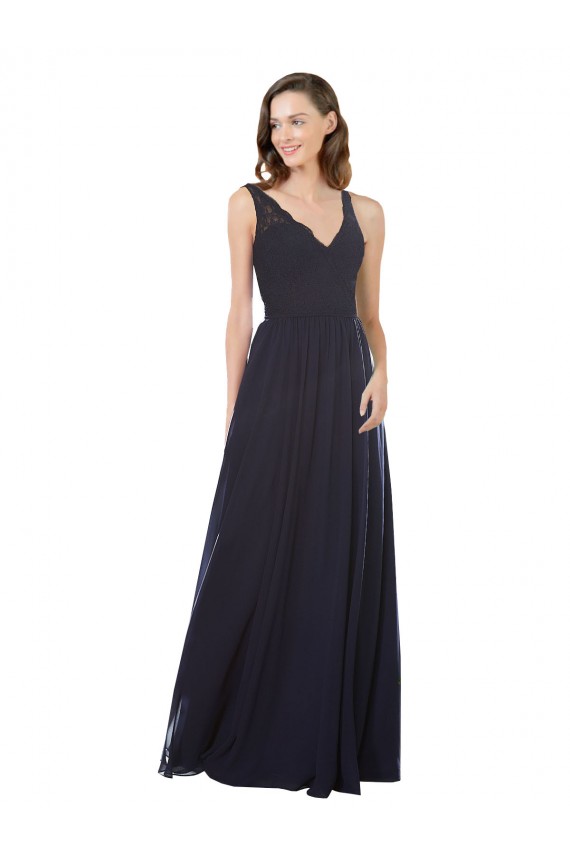 Fournisseurs de Bleu marine foncé Trapèze Col V Mousseline Dentelle Longue Robes demoiselle d'honneur