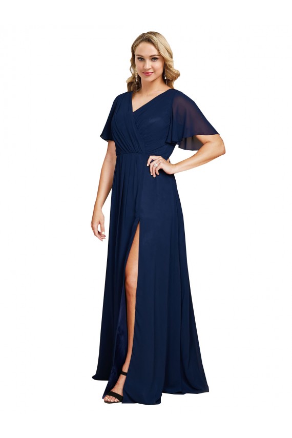 Fournisseurs de Bleu marine foncé Trapèze Col V Mousseline Longue Formelles Robes demoiselle d'honneur / Robes de soirée / Robes de bal