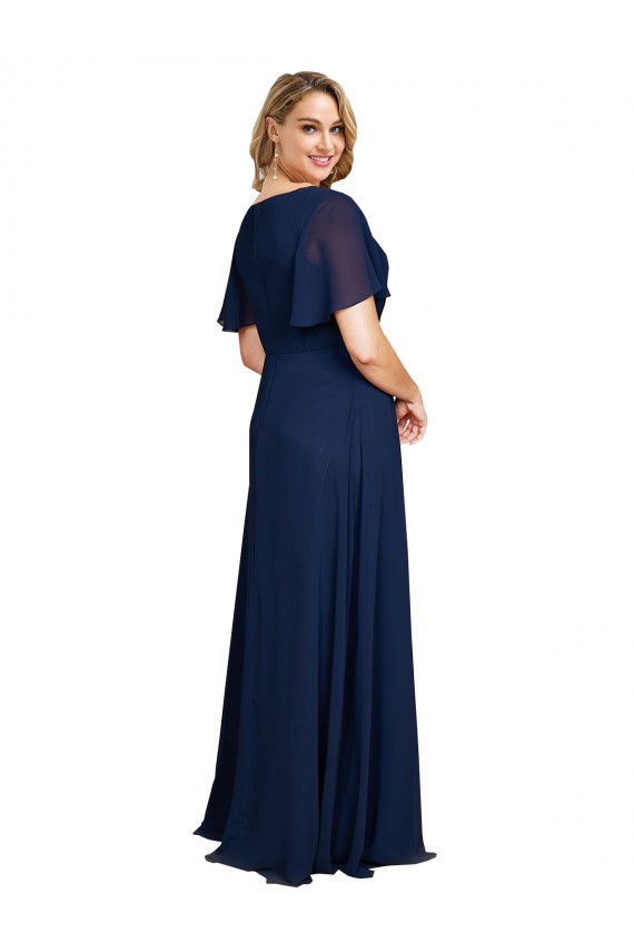 Fournisseurs de Bleu marine foncé Trapèze Col V Mousseline Longue Formelles Robes demoiselle d'honneur / Robes de soirée / Robes de bal