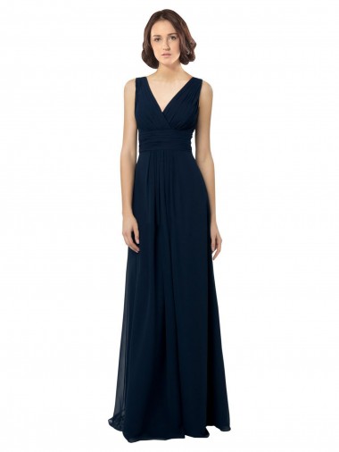 Fournisseurs de Bleu marine foncé Trapèze Col V Mousseline Longue Robes demoiselle d'honneur