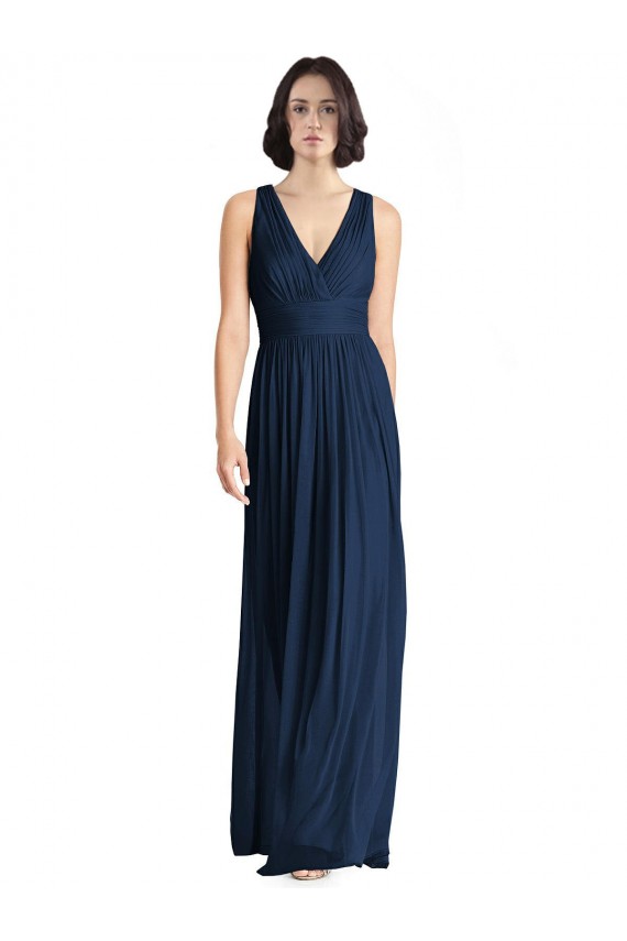 Fournisseurs de Bleu marine foncé Trapèze Col V Mousseline Longue Robes demoiselle d'honneur