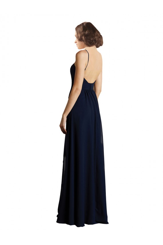 Fournisseurs de Bleu marine foncé Trapèze Col V Mousseline Longue Robes demoiselle d'honneur