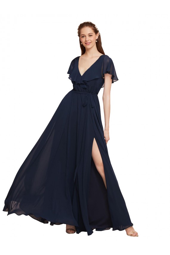Fournisseurs de Bleu marine foncé Trapèze Col V Mousseline Longue Robes demoiselle d'honneur