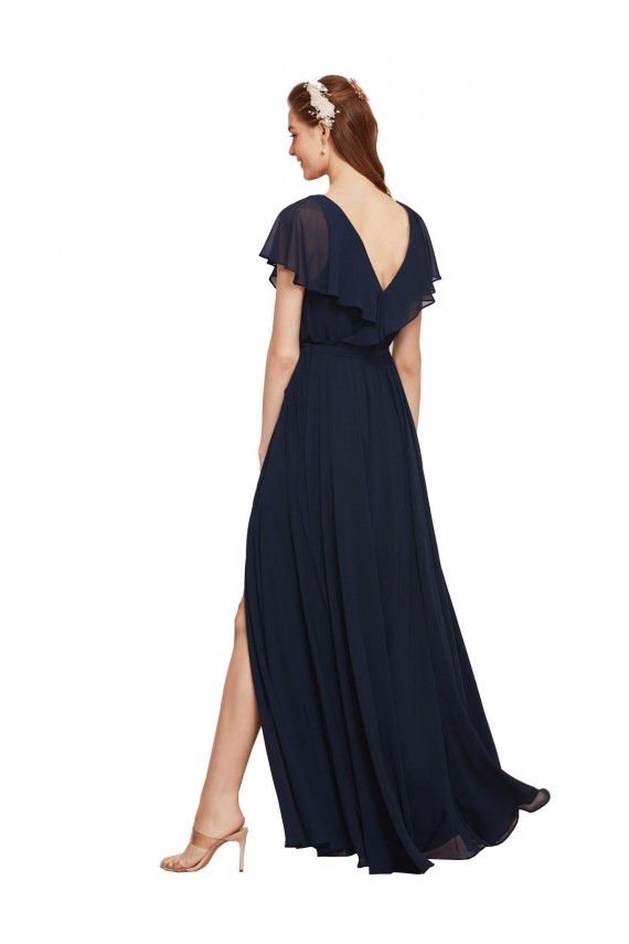 Fournisseurs de Bleu marine foncé Trapèze Col V Mousseline Longue Robes demoiselle d'honneur
