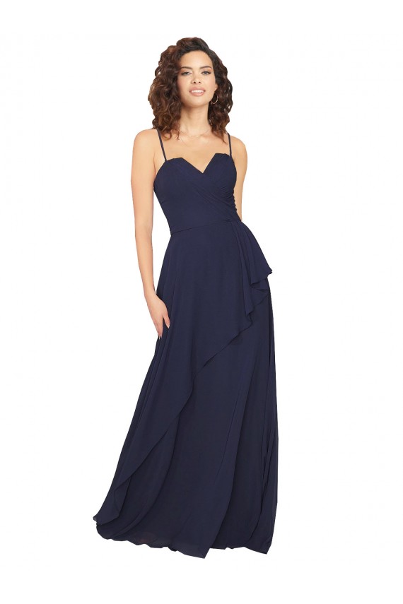 Fournisseurs de Bleu marine foncé Trapèze Col V Mousseline Longue Robes demoiselle d'honneur