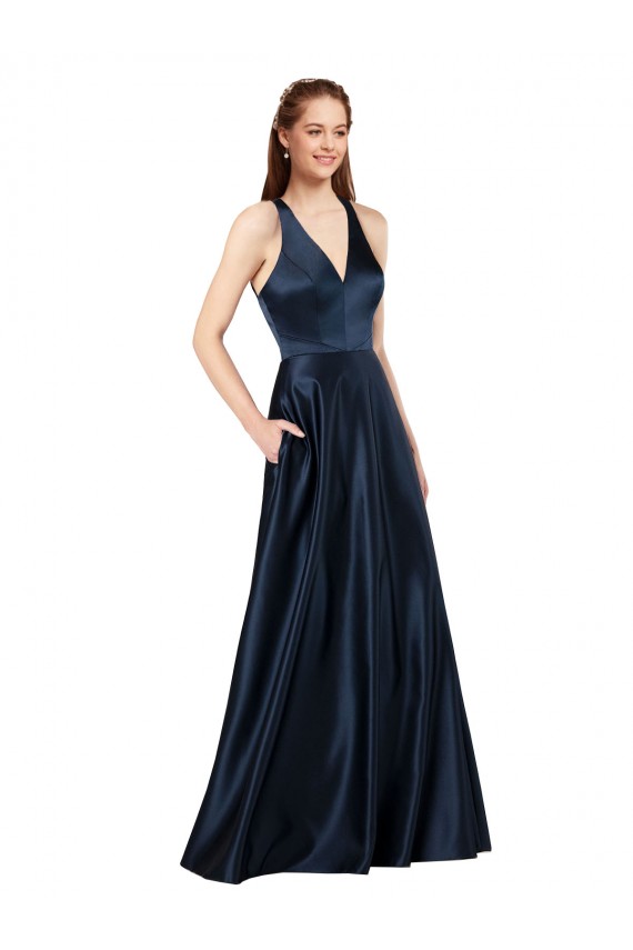 Fournisseurs de Bleu marine foncé Trapèze Col V Satiné Longue Formelles Robes demoiselle d'honneur / Robes de soirée / Robes de bal