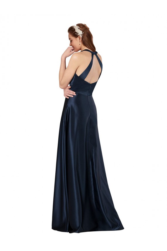 Fournisseurs de Bleu marine foncé Trapèze Col V Satiné Longue Formelles Robes demoiselle d'honneur / Robes de soirée / Robes de bal