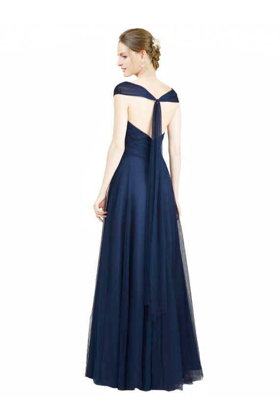 Fournisseurs de Bleu marine foncé Trapèze Col V Tulle Longue Robes demoiselle d'honneur