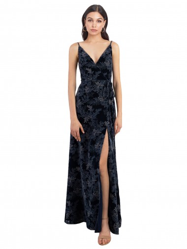 Fournisseurs de Bleu marine foncé Trapèze Col V Velours Floral Velours Stretch Longue Robes demoiselle d'honneur