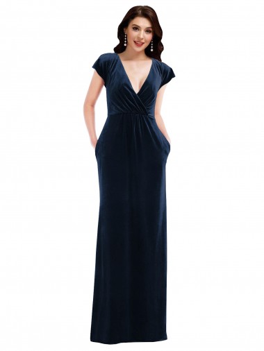 Fournisseurs de Bleu marine foncé Trapèze Col V Velours Stretch Longue Formelles Robes demoiselle d'honneur / Robes de soirée / Robes de bal
