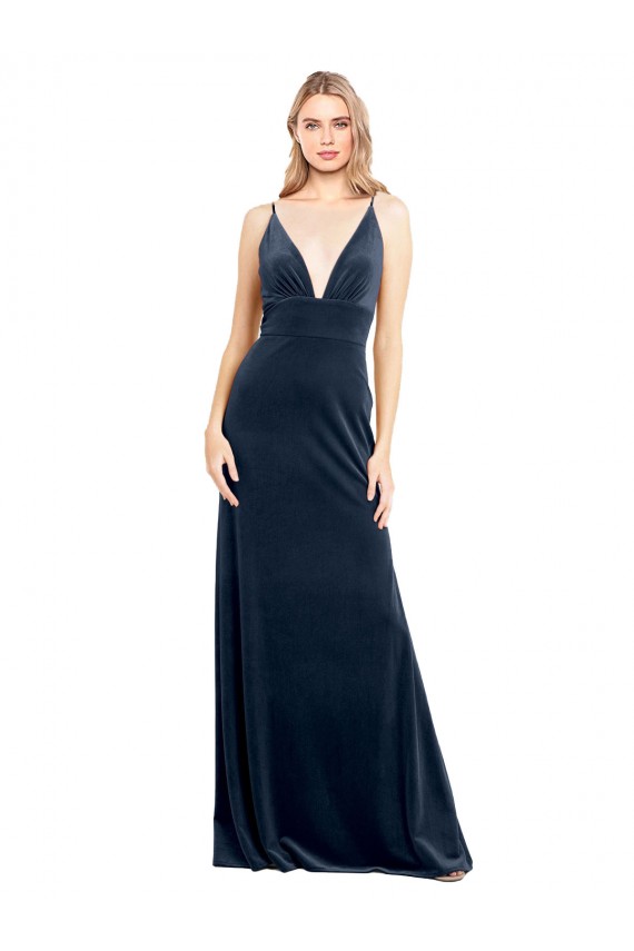 Fournisseurs de Bleu marine foncé Trapèze Col V Velours Stretch Longue Robes demoiselle d'honneur / Robes de bal
