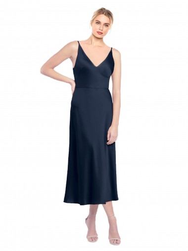 Fournisseurs de Bleu marine foncé Trapèze Col V midi Satiné Stretch Courte Robes demoiselle d'honneur / Robes de soirée / Robes de cocktail