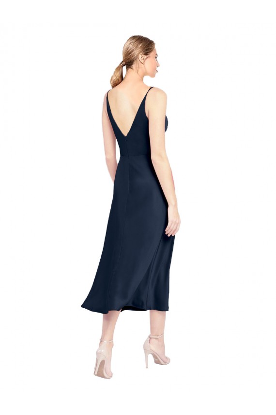 Fournisseurs de Bleu marine foncé Trapèze Col V midi Satiné Stretch Courte Robes demoiselle d'honneur / Robes de soirée / Robes de cocktail