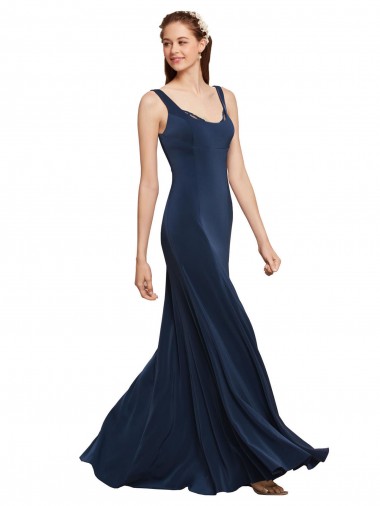 Fournisseurs de Bleu marine foncé Trapèze Col rond Crêpe Stretch Longue Formelles Robes demoiselle d'honneur / Robes de soirée / Robes de bal