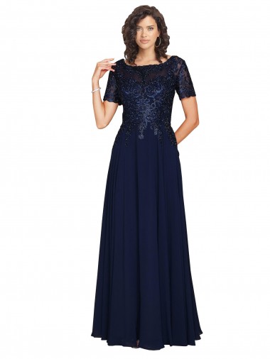 Fournisseurs de Bleu marine foncé Trapèze Col rond Mousseline Longue Robes demoiselle d'honneur / Robes de bal