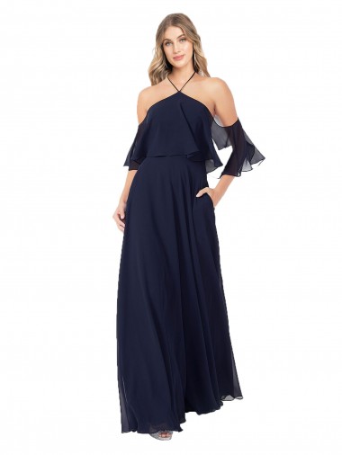 Fournisseurs de Bleu marine foncé Trapèze Licou Col Haut Mousseline Longue Robes demoiselle d'honneur