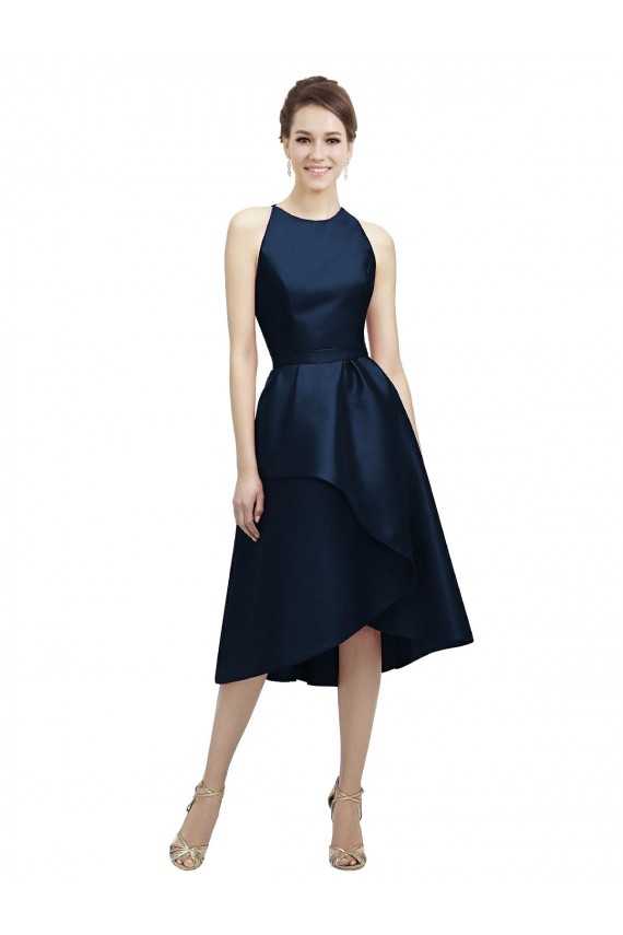Fournisseurs de Bleu marine foncé Trapèze Licou Col bijou Satiné Courte Asymétrique Robes demoiselle d'honneur