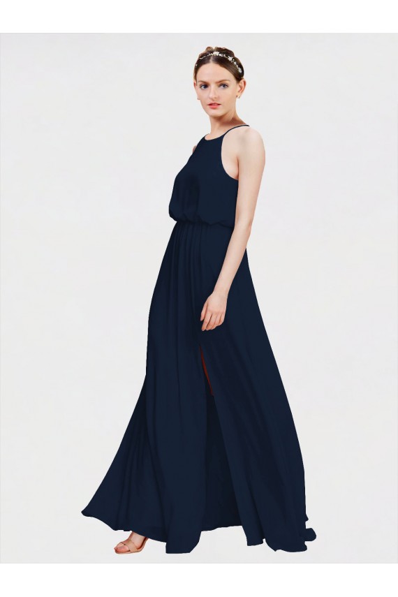 Fournisseurs de Bleu marine foncé Trapèze Licou Mousseline Longue Robes demoiselle d'honneur