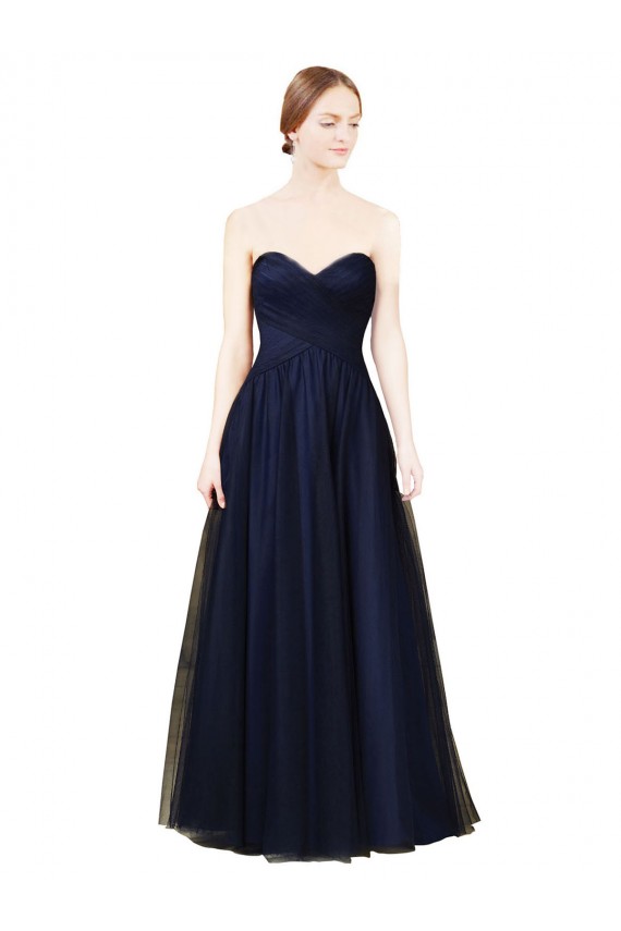 Fournisseurs de Bleu marine foncé Trapèze Sans bretelle Tulle Longue Robes demoiselle d'honneur