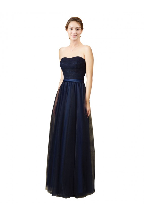 Fournisseurs de Bleu marine foncé Trapèze Sans bretelle Tulle Longue Robes demoiselle d'honneur