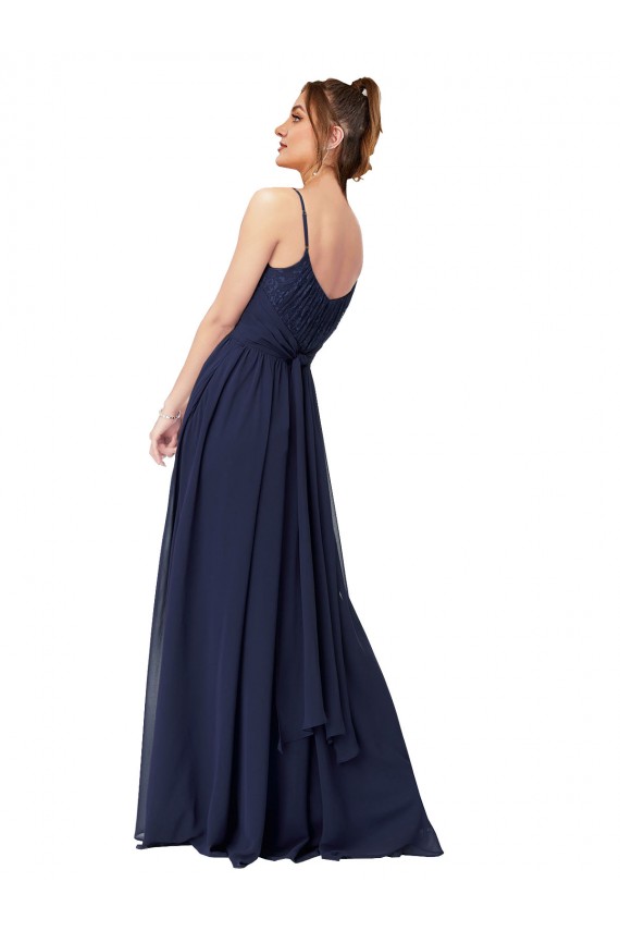 Fournisseurs de Bleu marine foncé Trapèze Scoop Mousseline Dentelle Longue Robes demoiselle d'honneur