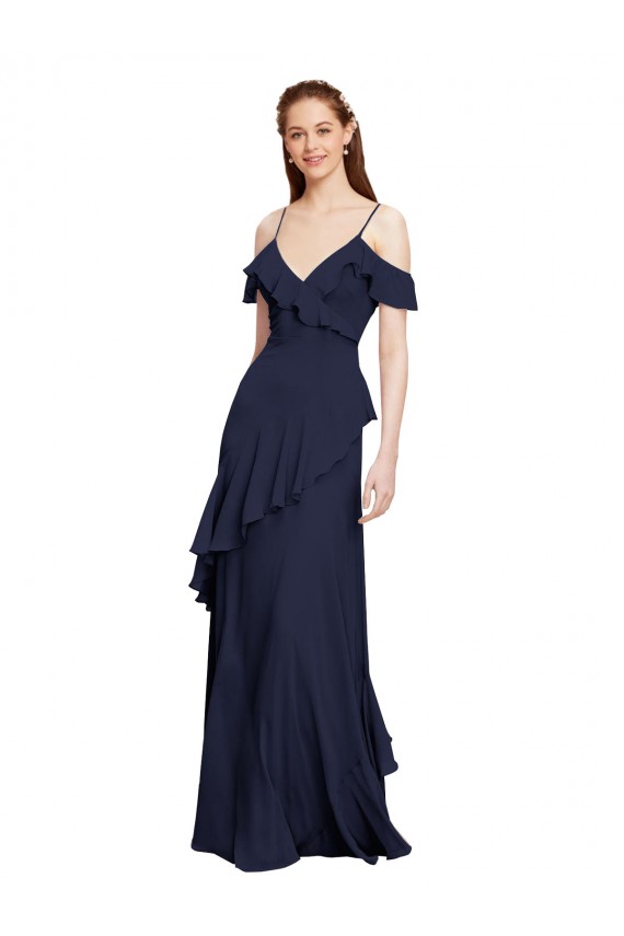 Fournisseurs de Bleu marine foncé Trapèze Épaule Dénudée Bretelles spaghetti Mousseline Longue Robes demoiselle d'honneur