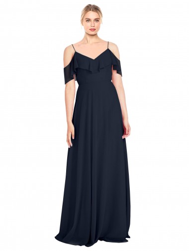 Fournisseurs de Bleu marine foncé Trapèze Épaule Dénudée Bretelles spaghetti Mousseline Longue Robes demoiselle d'honneur