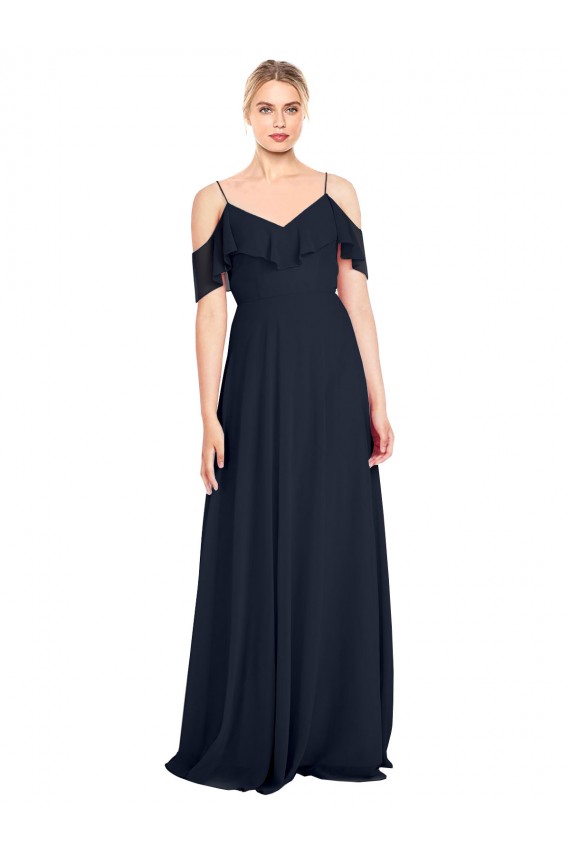 Fournisseurs de Bleu marine foncé Trapèze Épaule Dénudée Bretelles spaghetti Mousseline Longue Robes demoiselle d'honneur